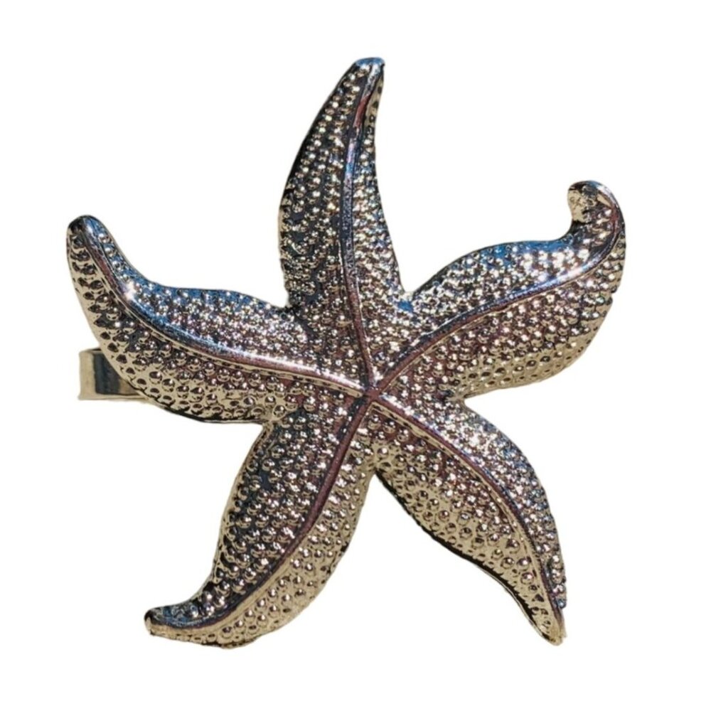 Coastal Starfish Napkin Ring Holder Set of 4 Silver Textured Table Beach Home